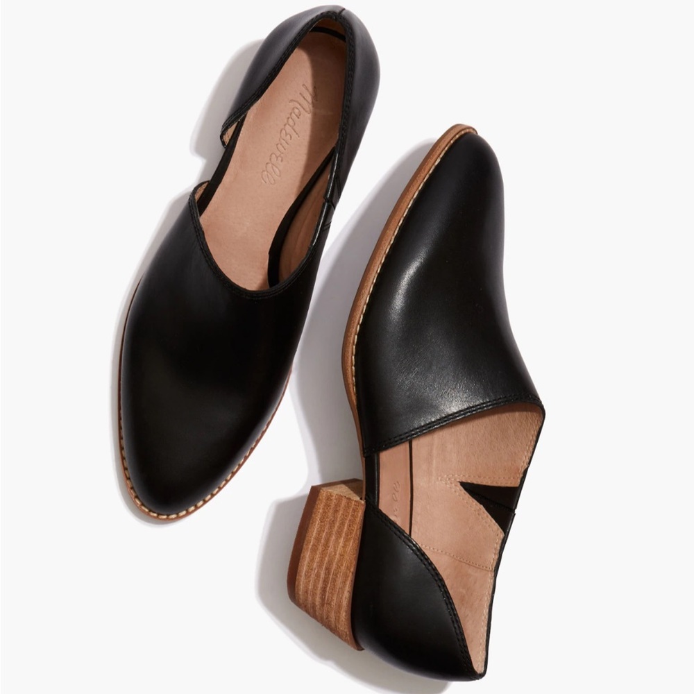 Madewell Black Leather Low Cut Booties Size 7 Stacked Heel Slip On Minimalist